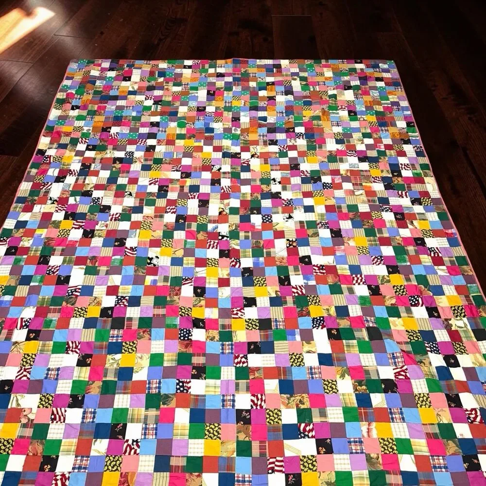 VTG Full / Queen Postage Stamp Quilt Colorful Boho Cottagecore Patchwork Blanket